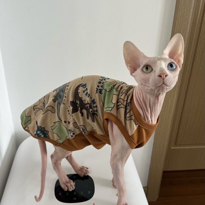 เสื้อผ้าแมวสำหรับเสื้อกล้ามผ้าฝ้าย Sphnx เสื้อเชิ้ตลายไดโนเสาร์สำหรับเดวอนเร็กซ์เสื้อโค้ทการ์ตูนจัมพ์สูทสำหรับลูกแมวสุนัข