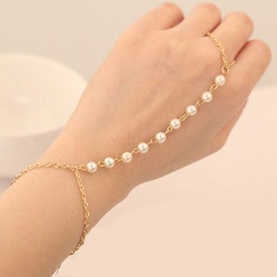 [LK] Womens Fashion Faux Pearl celet Link Finger Ring Hand Chain Harness Jewelry