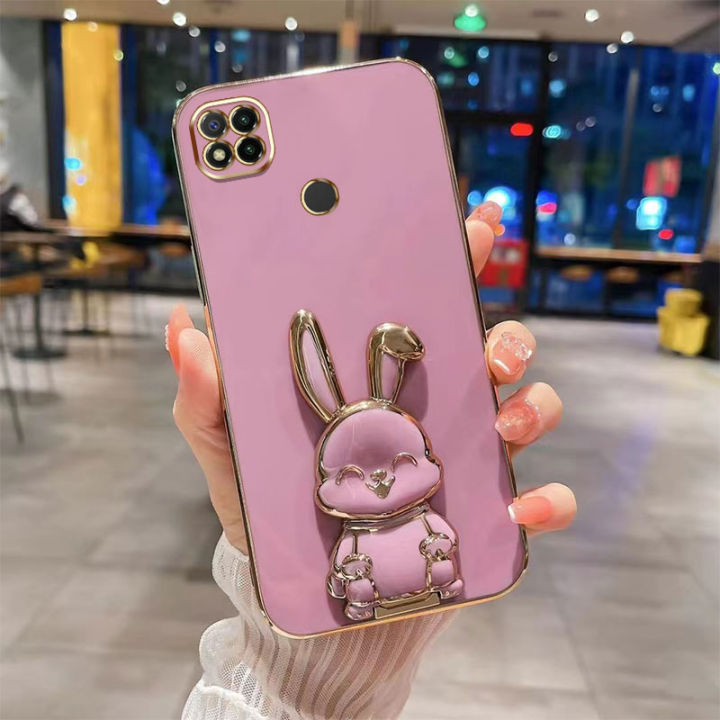 ybdเคสโทรศัพท์หม่สไตล์เข้ากันได้กับ-xiaomi-redmi-9c-10a-9a-8a-redmi-8-9-10-เคสการ์ตูนน่ารัก3dยิ้มกระต่ายชุบขาตั้งพับได้ปกอ่อน