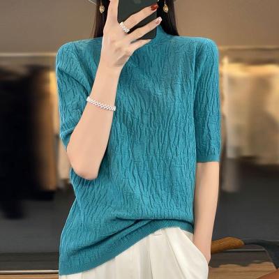 Spring and Summer New Knitted Short-sleeved Womens Half-high Collar Mid-sleeved Base Shirt Loose Large Size Pleated Pattern T-shirt Top 2023