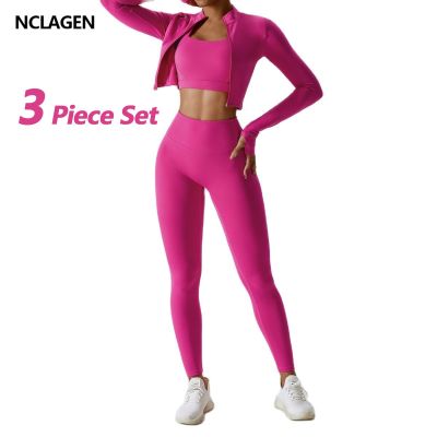 NCLAGEN Women Sportwear 3 Piece Set Yoga Top Jacket Pants Leggings Sports Bra Scrunch Shorts Gym Workout Clothes Fitness Suits
