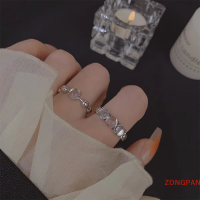 ZONGPAN 2ชิ้นแฟชั่น rhinestone เปิดแหวนโลหะผสมแวววาวสำหรับผู้หญิงผู้ชายวินเทจคริสตัลสีเงินแหวนปรับได้เครื่องประดับคู่รัก