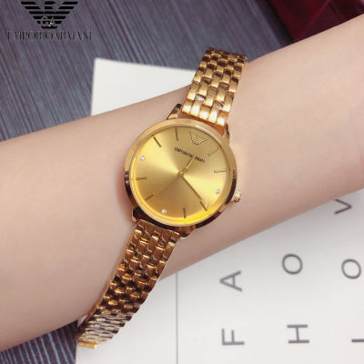 Armani นาฬิกาสำหรับผู้หญิงสามขา,นาฬิกาควอตซ์สายสเตนเลสสตีลรุ่นใหม่สีทองกุหลาบ