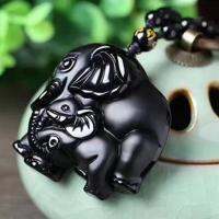 【CW】 Chinese HandworkBlackCarved Mother BabyElephant AmuletPendant Necklace Fashion/Fine Jewelry