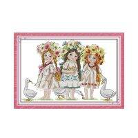 ✑▥ Young girls cross stitch kit three girls with flower geese14ct 11ct count canvas x stitching embroidery DIY handmade