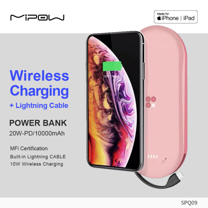 MIPOW Wireless Power Bank 10000mAh 20W PD Portable Fast Charging External Battery  Charger Built in Cables For iPhone/Pro -12 13 