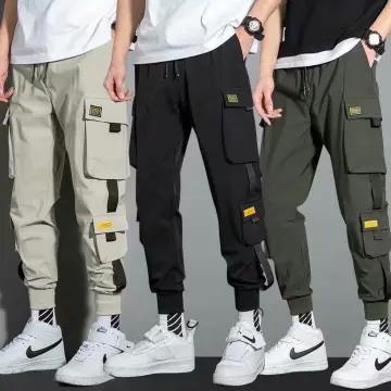Mens Black Cargo Trousers Fashion Drawstring Hip Hop Harem Cropped Casual  Pants