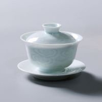 Jingdezhen Shadow Carved Celadon Sancai Cover Bowl Teacup Kungfu Tea Bowl Single Gaiwan Anti Scald Ceramic Tea Cup Tea Set