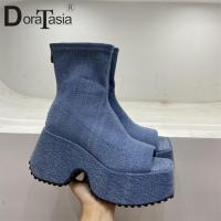 ยี่ห้อใหม่สุภาพสตรี Peep Toe แพลตฟอร์มข้อเท้ารองเท้าแฟชั่น Denim Zip Wedges รองเท้าส้นสูงผู้หญิงรองเท้า Casual Party ผู้หญิง Shoes