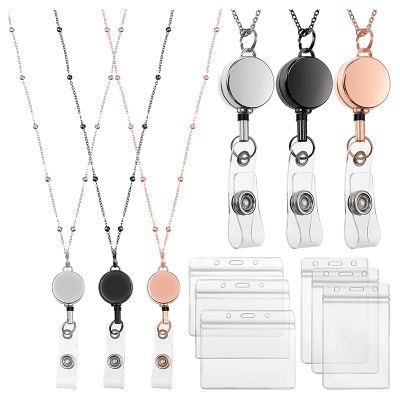 Retractable Badge Scroll Lanyard with ID Card Holder, 3 Pcs Beaded Badge Lanyard Necklace with 6 Business Card Holders A