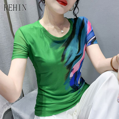 REHIN Women S Top Slim Fit ตาข่ายสีน้ำพิมพ์แฟชั่นแขนสั้นเสื้อยืดคอกลม Elegant S-3XL เสื้อ