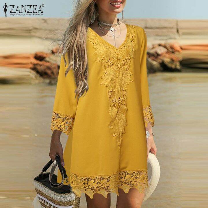 ZANZEA Womens Vintage 3/4 Sleeve V-Neck Sundress Holiday Beach Lace ...