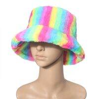 Bucket Hat with Rainbow Straps in Fur Made Fisherman Cap Winter Autumn Outdoor Panama for Men Women with Flat Top