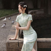 หญิง Qipao ดอกไม้พิมพ์สั้น Cheongsam Vestidso Elegant สไตล์จีนชุดสีเขียวความแปลกใหม่ R ชุดราตรีทุกวัน Dress