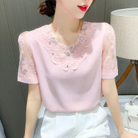 Chiffon shirt womens short-sleeved western-style shirt 2023 summer dress womens new loose T-shirt womens slim cover belly top