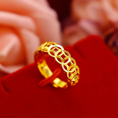 แหวนทองแท้375% แหวนผู้ชายชุบทองแหวนเหรียญทองแดงโชคดีแหวนเปิด