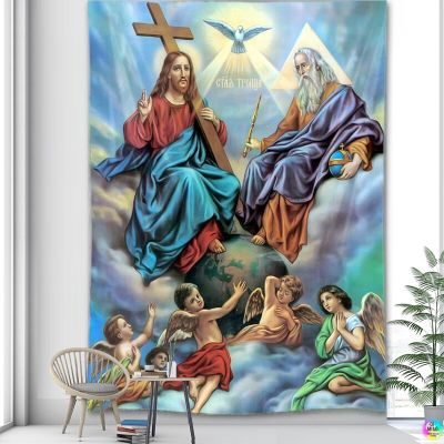 พรมพระคริสต์ทรินิตี้บริสุทธิ์พระเยซูคริสต์การตกแต่งบ้านไอคอนเทวดาศักดิ์สิทธิ์ Hiasan Kamar แขวนผนังคริสเตียนภาพจิตรกรรมฝาผนังวันหยุด