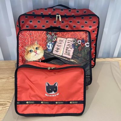 New Magenta Cartoon Cat Combination Pocket 3-piece Set Portable Liner Bag Change Season Storage Bag Travel Wash