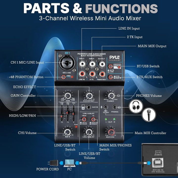 pyle-professional-wireless-dj-audio-mixer-3-channel-bluetooth-dj-controller-sound-mixer-w-usb-audio-interface-combo-jack-xlr-6-35mm-mic-line-guitar-in-3-5mm-rca-aux-headphone-jack-pad33mxubt