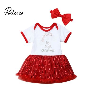 1 Years My First Christmas Newborn Toddler Baby Girls Short Sleeve Sequins Dresses Headwear Outfits Set Clothes 2019 For Xmas