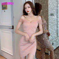 LDYRWQY Sexy mesh stitching a word shoulder nightclub dress temperament slim waist bag hips Office Lady Sheath Solid