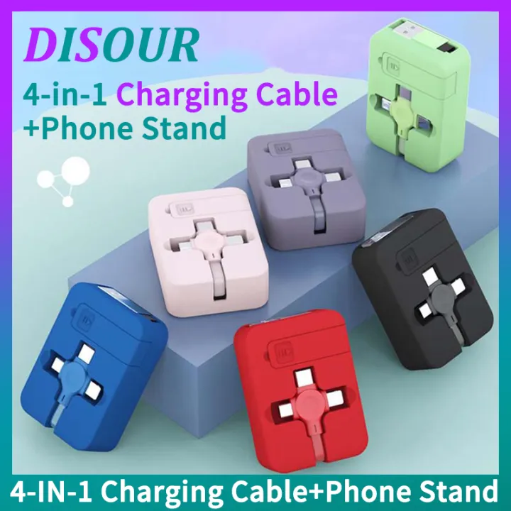 DISOUR 4 IN 1 Retractable Fast Charging Cable+Phone Stand Type-C/Micro USB/Lightning Square Charger Cable 3in1 2in1 For IOS Android For iPhone Samsung Huawei Oppo Vivo Xiaomi Redmi Data Cable