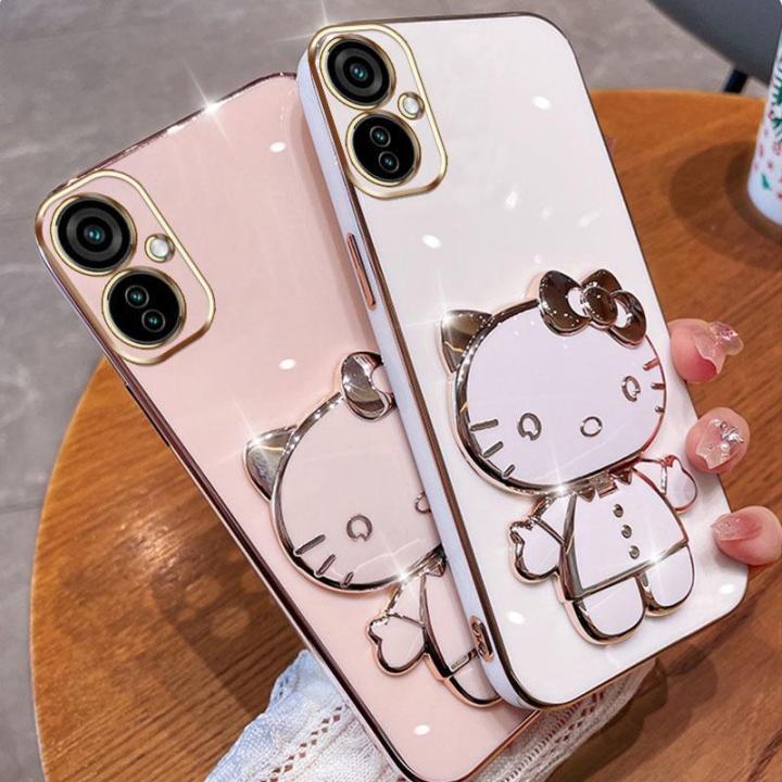 folding-makeup-mirror-phone-case-for-infinix-tecno-camon-19-neo-ch6i-case-fashion-cartoon-cute-cat-multifunctional-bracket-plating-tpu-soft-cover-casing