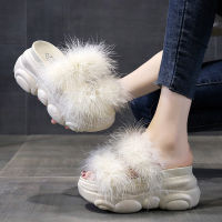 House Slippers Platform High-Heeled Shoes Lady Slides Fashion Fur Flip Flops Slipers Women Summer Flat Luxury Plush 2023 Bonded