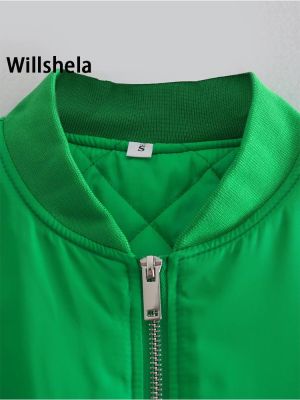 Willshela Women Fashion Oversized Bomber Jackets Coat With Pockets Front Zipper Vintage O-Neck Long Sleeves Female Chic Outwears
