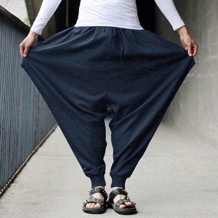 codtianjia6731-men-loose-long-plain-pure-yoga-wide-leg-harem-drop-crotch-baggy-trousers-pants