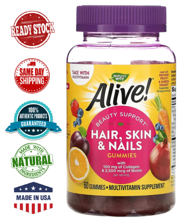 ✨Ready Stock✨ Nature's Way, Alive! Hair, Skin & Nails with Collagen &  Biotin, Strawberry, 60 Gummies | Lazada