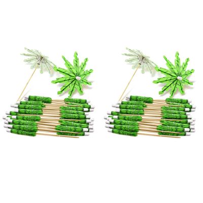 80X Green Coconut Tree Toothpicks Paper Umbrellas Toothpicks Handmade Cocktail Parasol Sticks for Cocktail Decorations