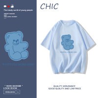 CHIC ผ้าฝ้ายแท้ หมีน้อยสีฟ้าน่ารักพิมพ์เสื้อยืดแขนสั้น สไตล์สบาย ๆ T0505