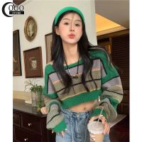 Oooo Green Stripe Sweater Women S 2022เสื้อสวมหัวสั้นหลวมใหม่