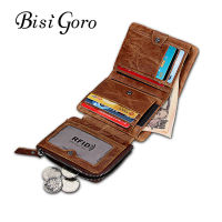 Bisi Goro 2019 Vintage Genuine Leather Men Wallet Crazy Horse Short Coin Purse Small Wallets Zipper Men Cow Leather 3 Colors