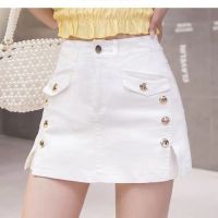 Womens fashion denim short with skirt pant slim Korean style button aeasy pants skirt A Line white denim short solid color