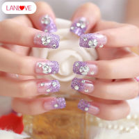 LANLOVE 24ชิ้น/เซ็ตสีม่วงเจ้าสาวเล็บเต็มรูปแบบเคล็ดลับ Bright Shining 3D เพชร Rhinestone เล็บปลอมสำหรับเล็บ Art