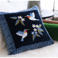 Medicci Home Circular Hummingbird Embroidered Pillow Case Retro Blue Velvet Decorative Cushion Covers For Living Room Sofa Couch