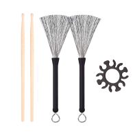 5A Wooden Drum Stick Kit with Metal Drum Brush,Drum Stick Holder Clip,Retractable Steel Wire Drum Jazz Drum Brushes