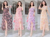 D23-032 Maxi Dress เดรสสายเดี่ยว เว้าไหล่ แต่งระบายชาย มีเชือกผูกโบว์ด้านหน้า ชายกระโปรงผ่าหน้า