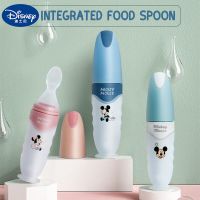 Disney Mickey Mouse Minne Feeding Spoon Rice Paste Milk Bottle Soft Silicone Baby Squeeze Food Supplement Enfants Safe Tableware Bowl Fork Spoon Sets