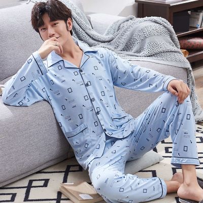 MUJI High quality 100  cotton mens pajamas spring and autumn style mens youth cotton summer autumn and winter outerwear homewear set