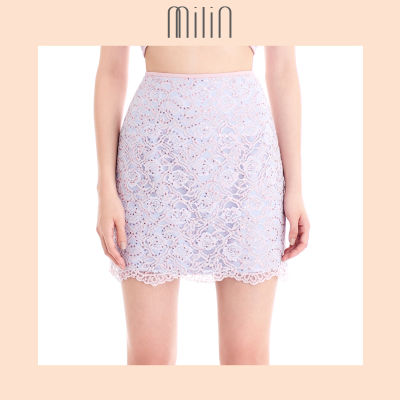 [MILIN] High waist sequin layered on lace mini skirt กระโปรงสั้นลูกไม้ เอวสูง ดีเทลเลื่อมบนลูกไม้ กุ๊นขอบ Grandin Skirt สีฟ้า/ สีชมพู Blue Lace/ Pink Lace