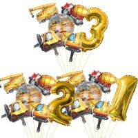 6pcs Carton Vehicle Balloon with 32inch Gold Number Balloon Set for Boys Construction Themed Birthday Party Decorations Balloons