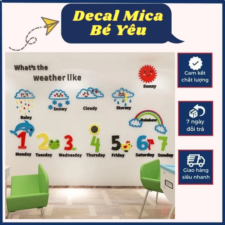 Decal mica bé yêu dán nổi thời tiết, bảng số Tiếng Anh, dạy bé học ...