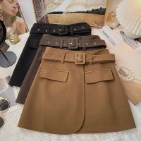 [COD] False pocket solid high waist anti-light womens 2022 autumn and winter new slimming all-match thick A-line