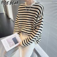 TIDE BEAR เสื้อสเวตเตอร์แขนยาวสวมหัวผู้ชายเสื้อสเวตเตอร์แขนยาวผู้ชายทรงหลวมเสื้อกันหนาวลายทาง