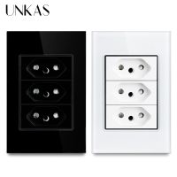 UNKAS สามบราซิลซ็อกเก็ตมาตรฐานแผงกระจกคริสตัลสีขาวดํา AC110V ~ 250V 3 Gangs 3 Pins Hole 20A Power Outlet