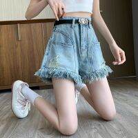 กางเกงขาสั้น American-style fringed tooling jeans womens summer frayed raw-edged wide-leg pants high-waisted a-line shorts