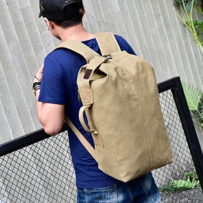 ：“{—— Man Travel Backpack Large Capacity Mountaineering Hand Bag High Quality Canvas Bucket Shoulder Bags Men Backpacks